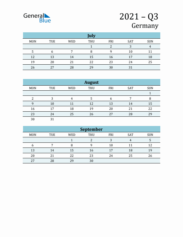 Three-Month Planner for Q3 2021 with Holidays - Germany