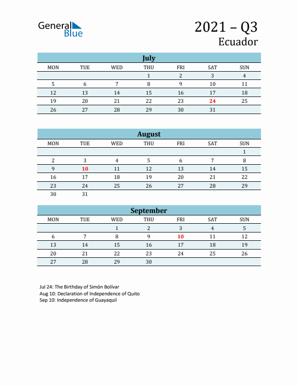 Three-Month Planner for Q3 2021 with Holidays - Ecuador