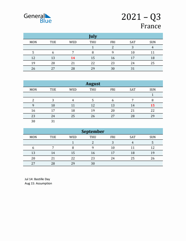 Three-Month Planner for Q3 2021 with Holidays - France