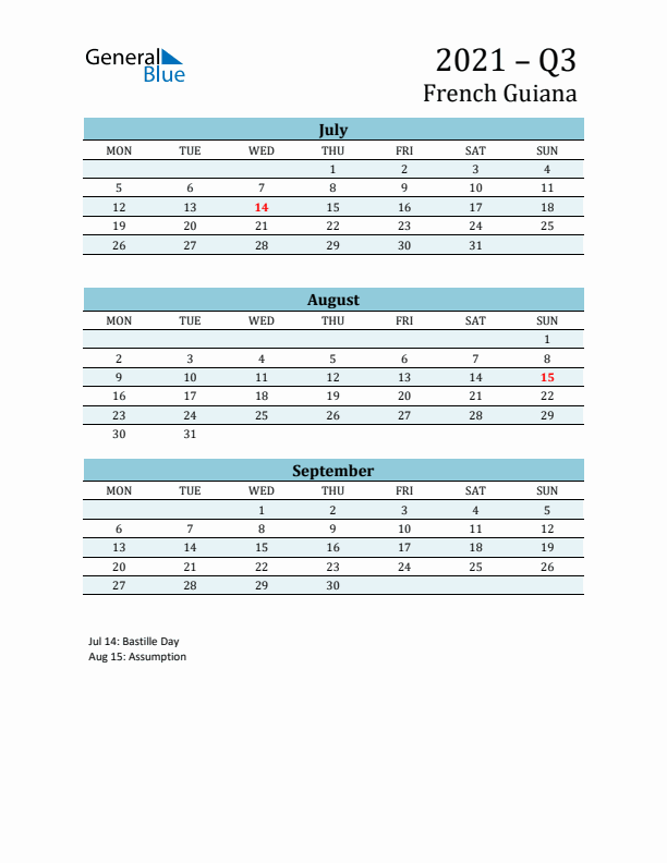 Three-Month Planner for Q3 2021 with Holidays - French Guiana