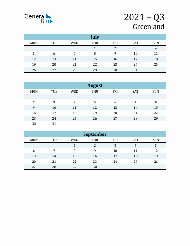 Three-Month Planner for Q3 2021 with Holidays - Greenland