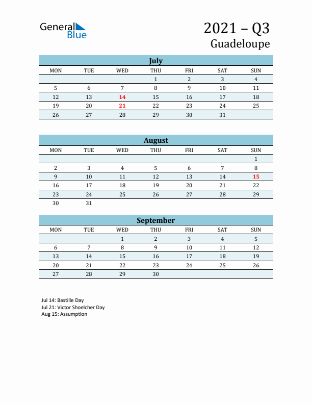 Three-Month Planner for Q3 2021 with Holidays - Guadeloupe