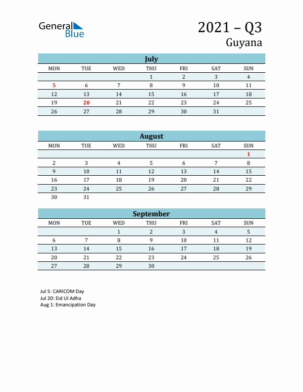 Three-Month Planner for Q3 2021 with Holidays - Guyana