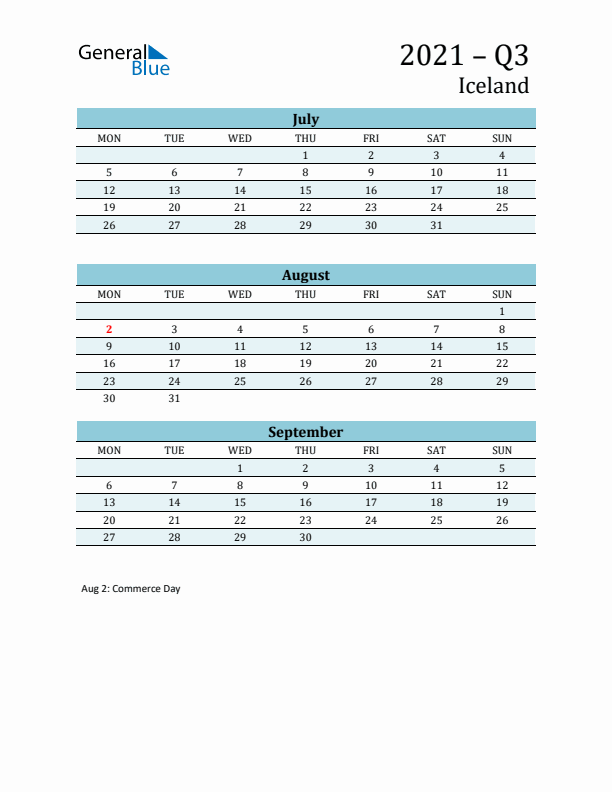 Three-Month Planner for Q3 2021 with Holidays - Iceland