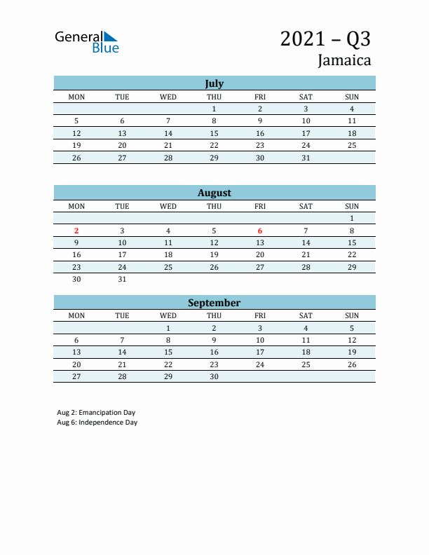 Three-Month Planner for Q3 2021 with Holidays - Jamaica