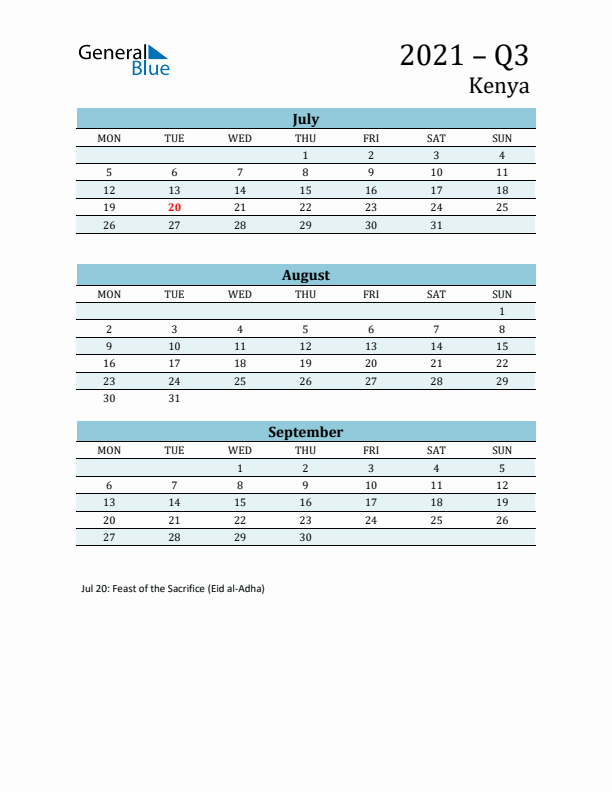 Three-Month Planner for Q3 2021 with Holidays - Kenya