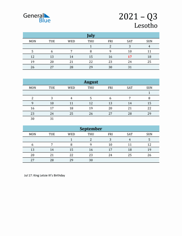 Three-Month Planner for Q3 2021 with Holidays - Lesotho