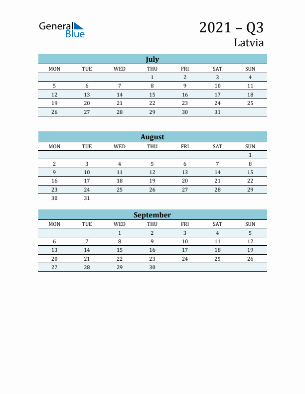 Three-Month Planner for Q3 2021 with Holidays - Latvia