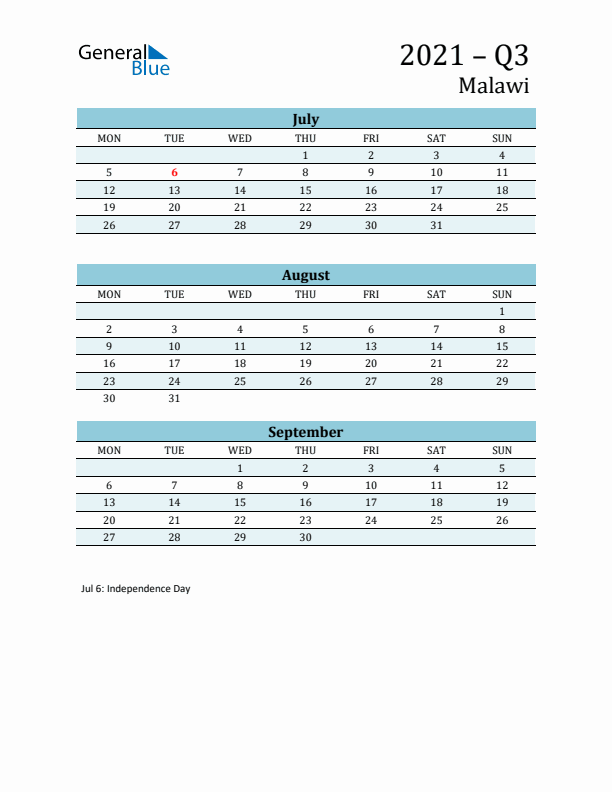 Three-Month Planner for Q3 2021 with Holidays - Malawi