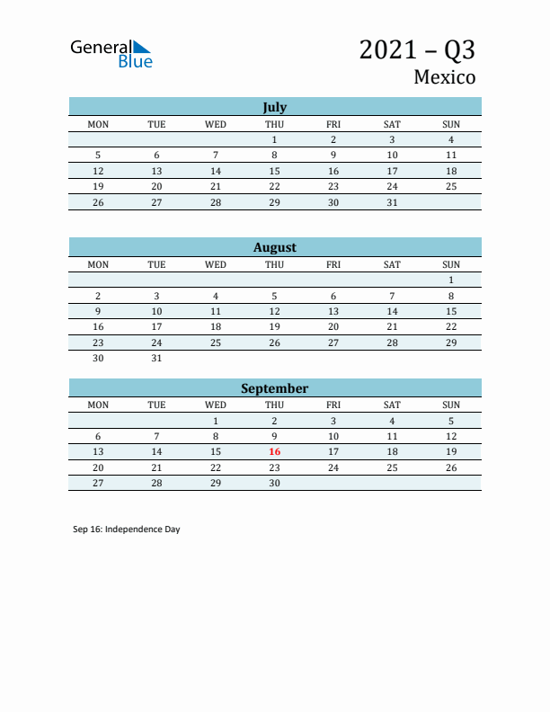 Three-Month Planner for Q3 2021 with Holidays - Mexico
