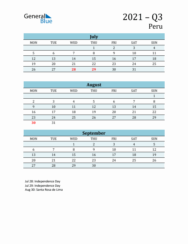 Three-Month Planner for Q3 2021 with Holidays - Peru