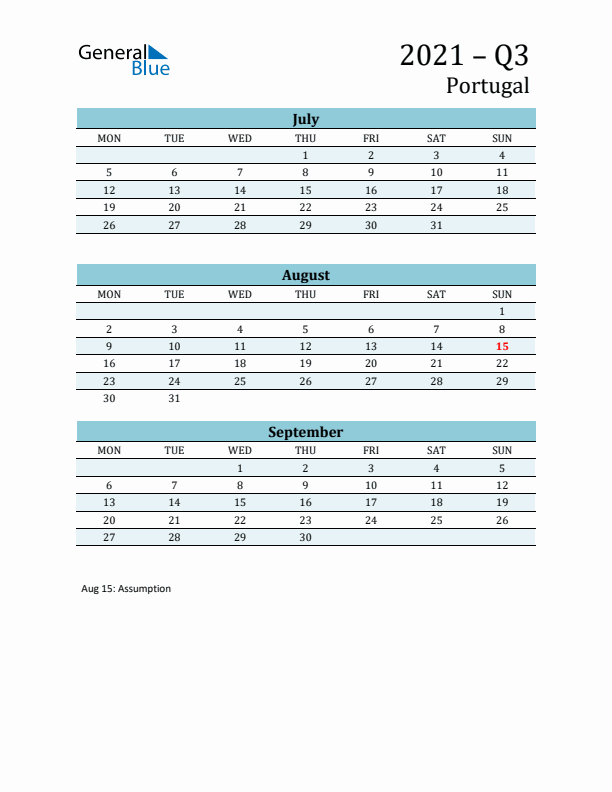 Three-Month Planner for Q3 2021 with Holidays - Portugal