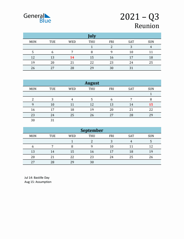 Three-Month Planner for Q3 2021 with Holidays - Reunion
