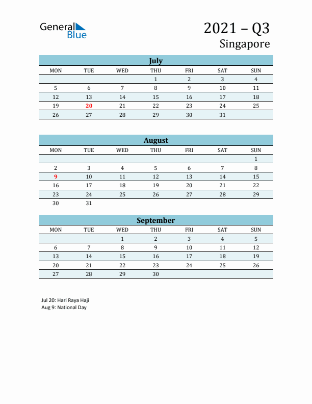 Three-Month Planner for Q3 2021 with Holidays - Singapore