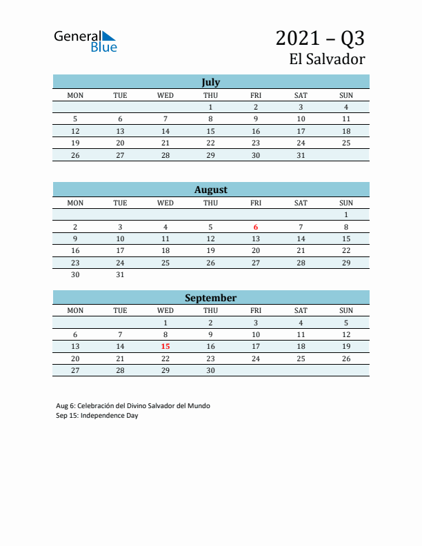 Three-Month Planner for Q3 2021 with Holidays - El Salvador
