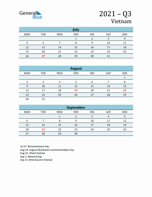 Three-Month Planner for Q3 2021 with Holidays - Vietnam