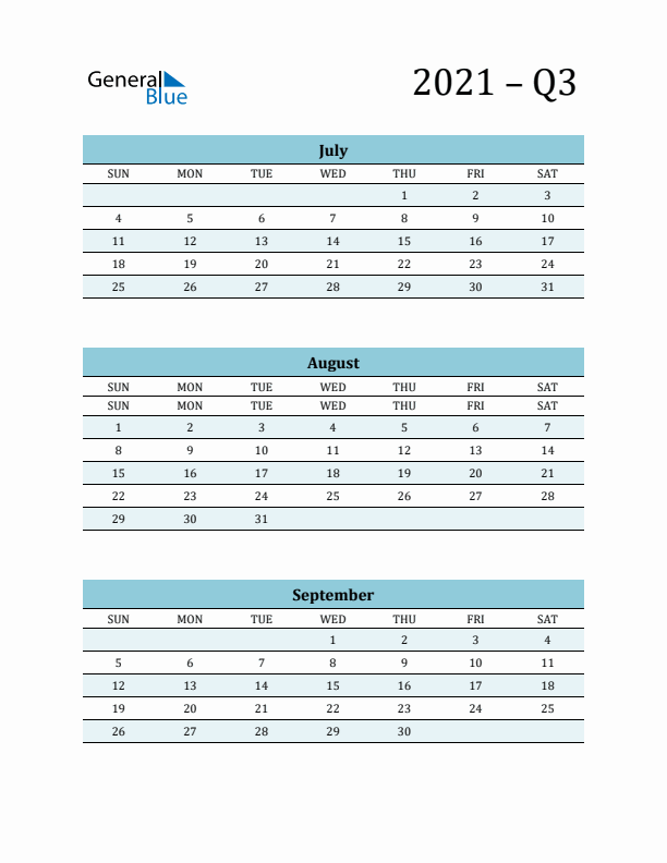 July, August, and September 2021 Calendar