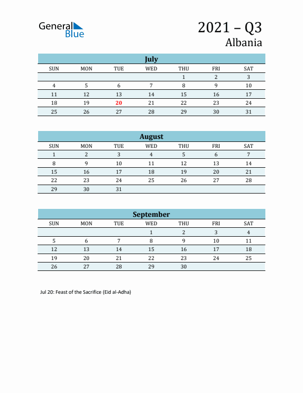 Three-Month Planner for Q3 2021 with Holidays - Albania