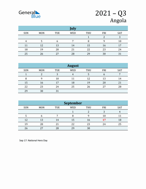 Three-Month Planner for Q3 2021 with Holidays - Angola