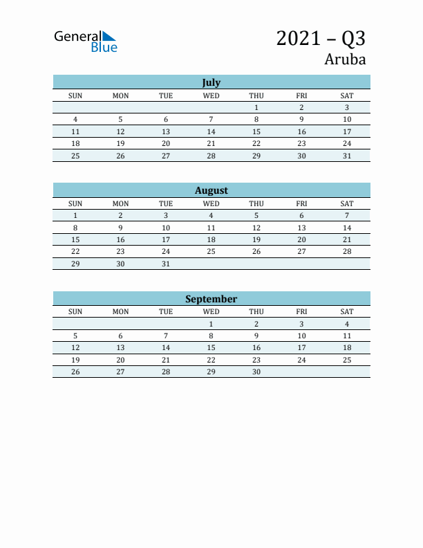 Three-Month Planner for Q3 2021 with Holidays - Aruba