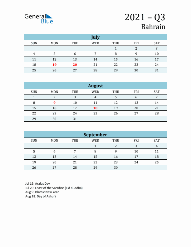 Three-Month Planner for Q3 2021 with Holidays - Bahrain
