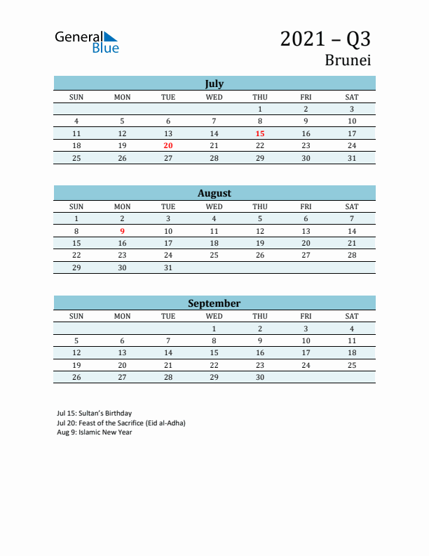 Three-Month Planner for Q3 2021 with Holidays - Brunei