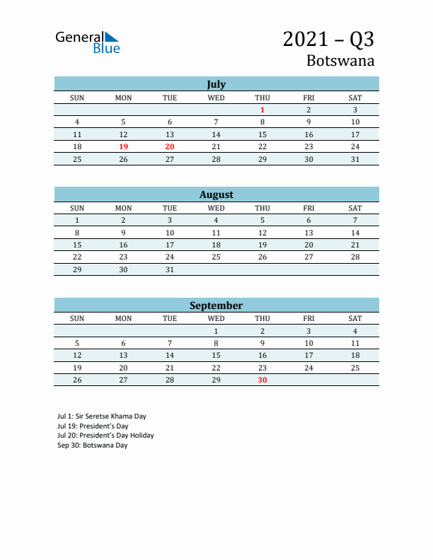 Three-Month Planner for Q3 2021 with Holidays - Botswana