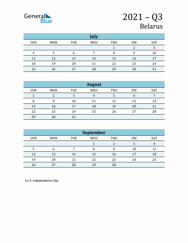 Three-Month Planner for Q3 2021 with Holidays - Belarus