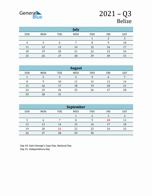 Three-Month Planner for Q3 2021 with Holidays - Belize
