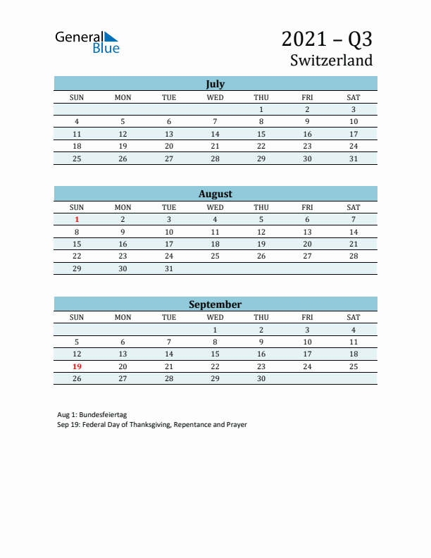 Three-Month Planner for Q3 2021 with Holidays - Switzerland