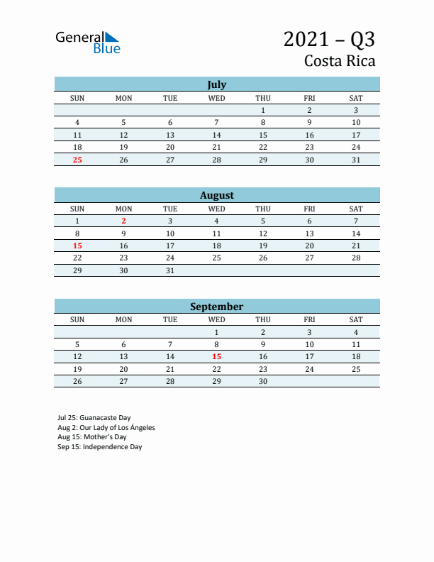 Three-Month Planner for Q3 2021 with Holidays - Costa Rica