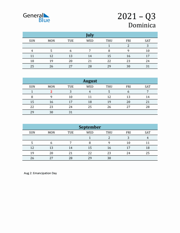 Three-Month Planner for Q3 2021 with Holidays - Dominica