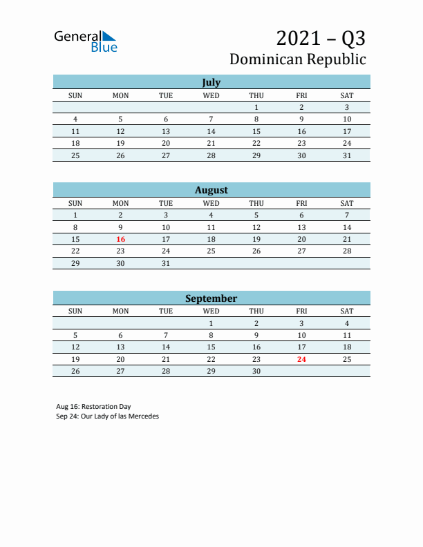 Three-Month Planner for Q3 2021 with Holidays - Dominican Republic