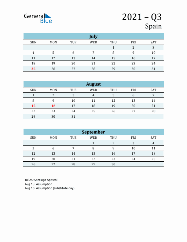 Three-Month Planner for Q3 2021 with Holidays - Spain