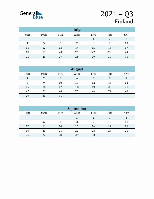 Three-Month Planner for Q3 2021 with Holidays - Finland