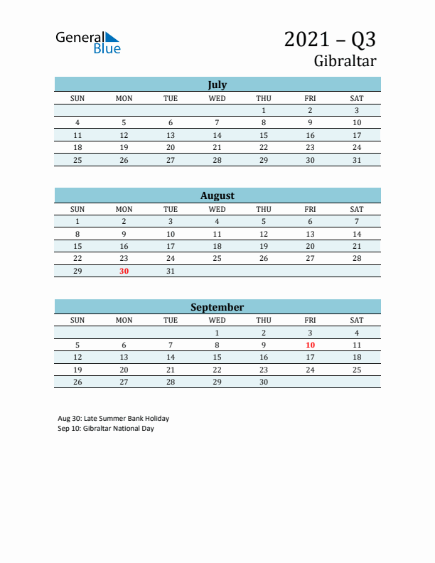 Three-Month Planner for Q3 2021 with Holidays - Gibraltar