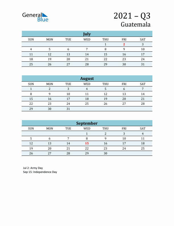 Three-Month Planner for Q3 2021 with Holidays - Guatemala