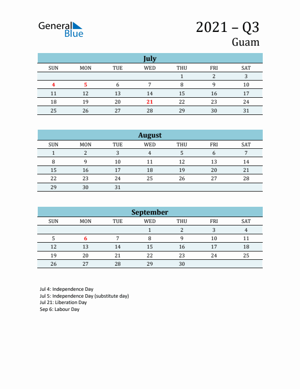 Three-Month Planner for Q3 2021 with Holidays - Guam