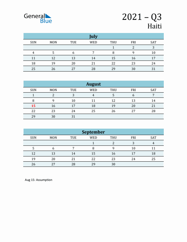 Three-Month Planner for Q3 2021 with Holidays - Haiti