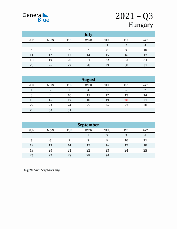 Three-Month Planner for Q3 2021 with Holidays - Hungary