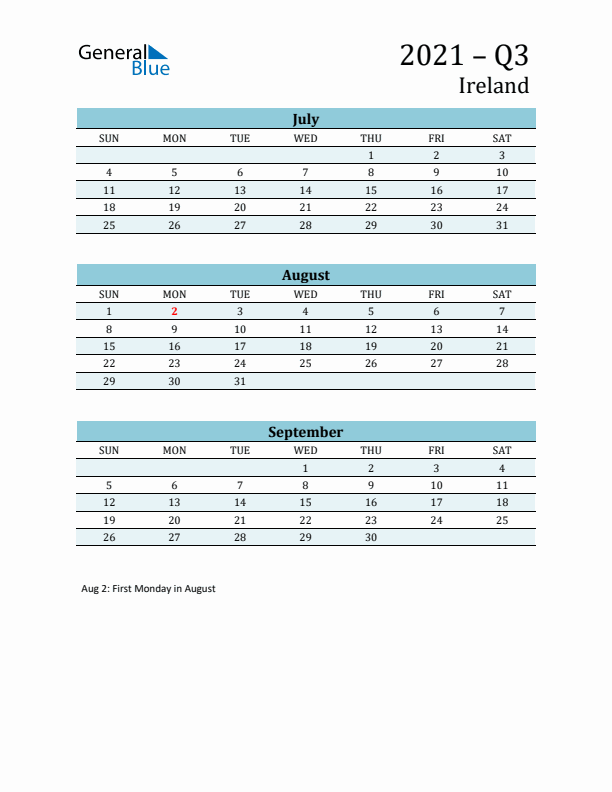 Three-Month Planner for Q3 2021 with Holidays - Ireland