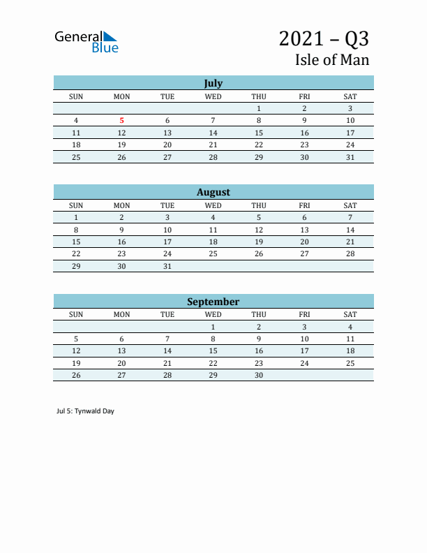 Three-Month Planner for Q3 2021 with Holidays - Isle of Man