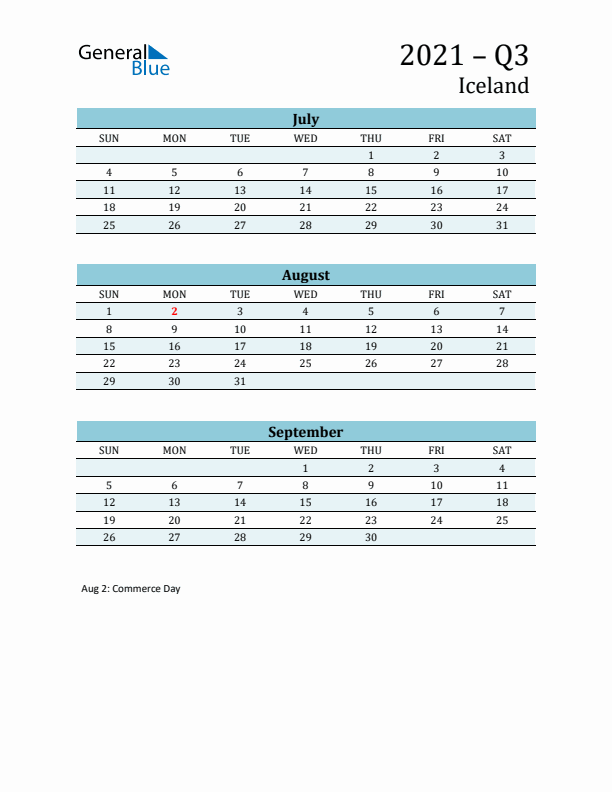 Three-Month Planner for Q3 2021 with Holidays - Iceland
