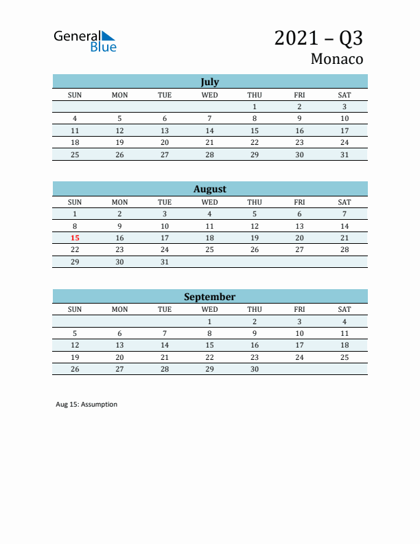 Three-Month Planner for Q3 2021 with Holidays - Monaco