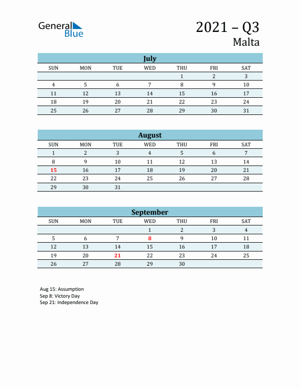 Three-Month Planner for Q3 2021 with Holidays - Malta
