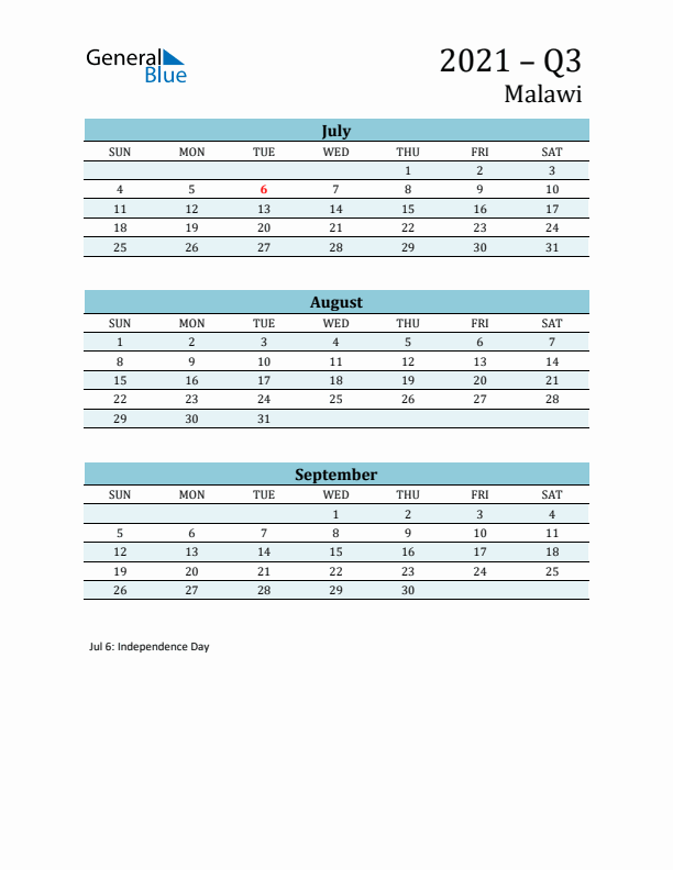 Three-Month Planner for Q3 2021 with Holidays - Malawi
