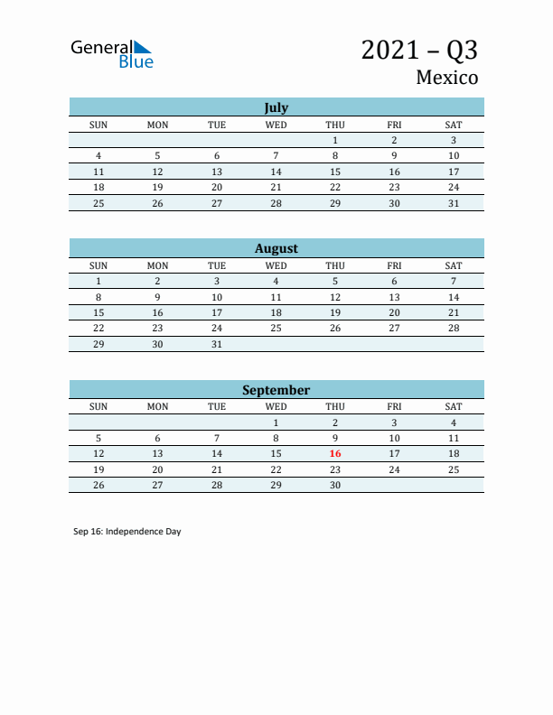 Three-Month Planner for Q3 2021 with Holidays - Mexico