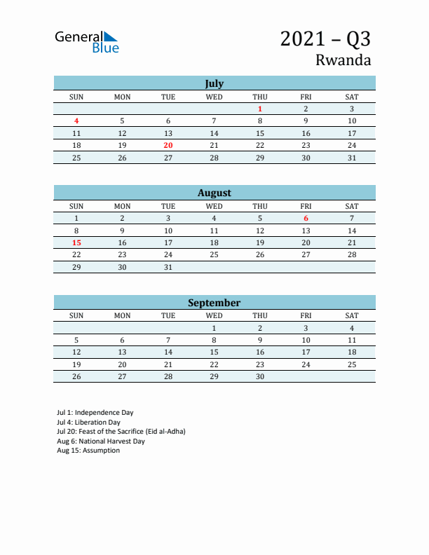 Three-Month Planner for Q3 2021 with Holidays - Rwanda