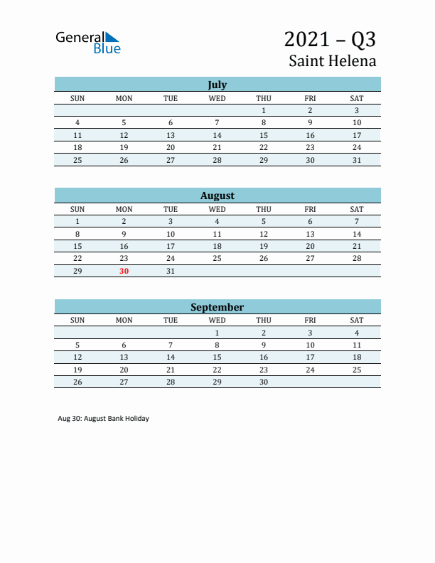 Three-Month Planner for Q3 2021 with Holidays - Saint Helena