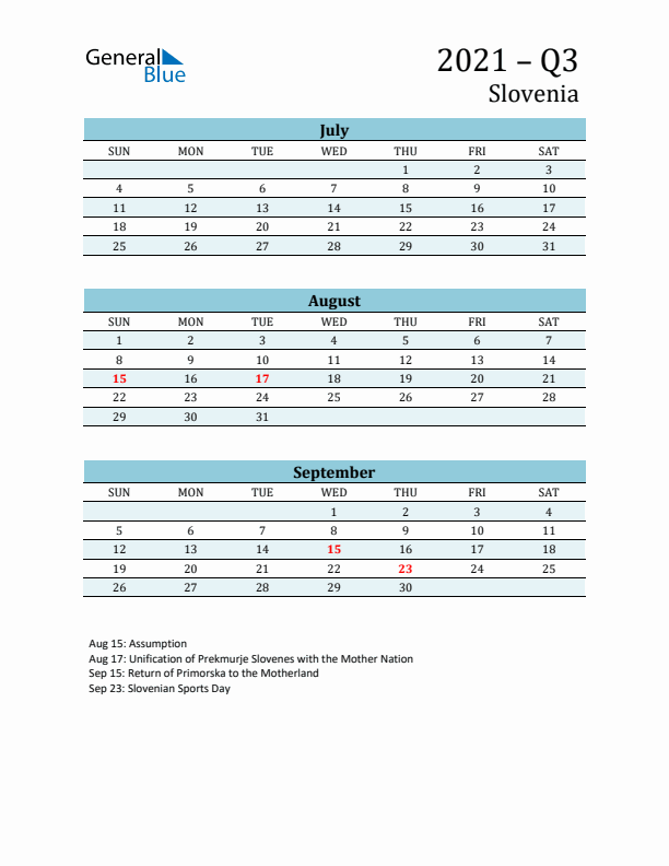 Three-Month Planner for Q3 2021 with Holidays - Slovenia